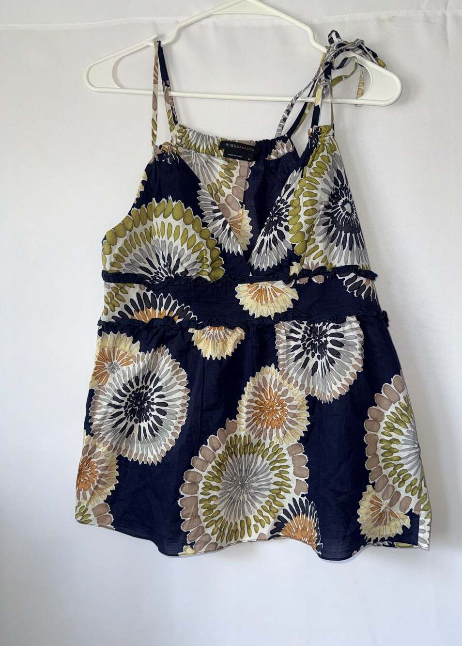 BCBGMAXAZRIA Floral Print Cotton Tie-Strap Ruffle Tank Top Size M Cottagecore